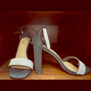 Black Suede Diamond Strap Heels